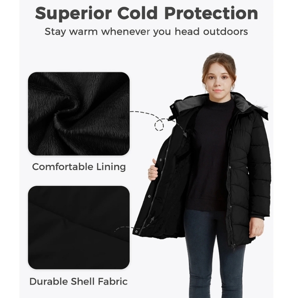 Wantdo Kids' Black Fleece-Lined Winter Parka (Size 10-12) Black Faux Fur Hood - Picture 4 of 16